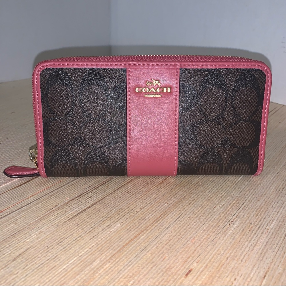 Coach #F54630 Brown and Pink Signature PVC/Leather a Full Zip Wallet Classic
